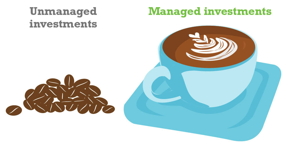 Unmanaged vs managed investments explained by contrasting a pile of coffee beans and a cup of coffee