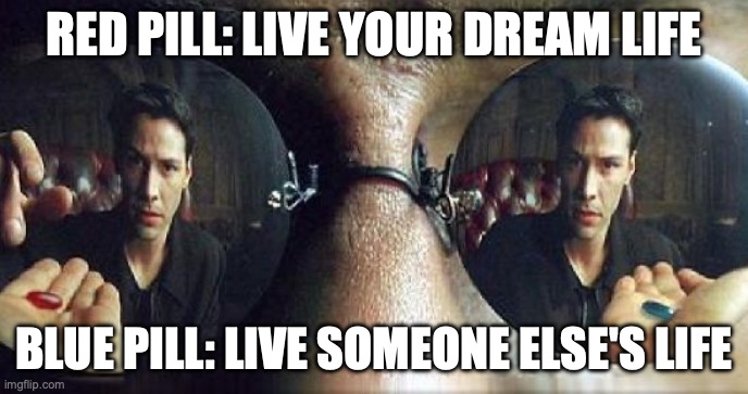 Image from The Matrix: choose your dream life or the life someone else choose's for you.
