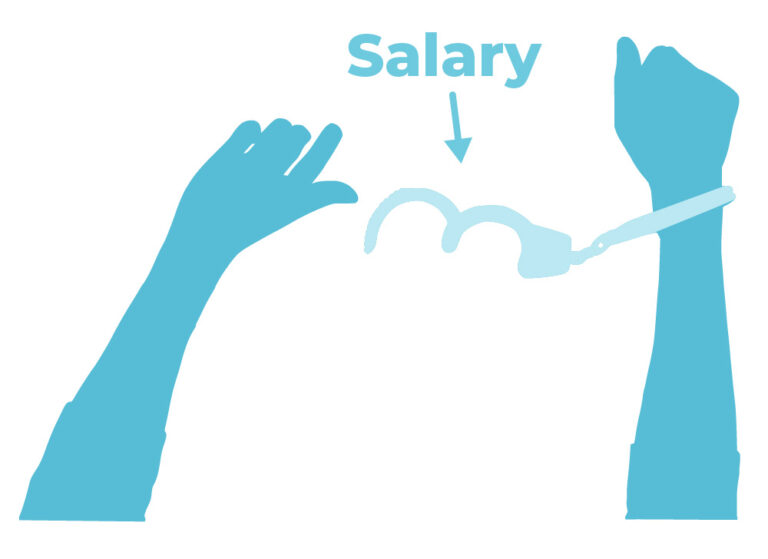 Hands being freed from the handcuffs of a salary