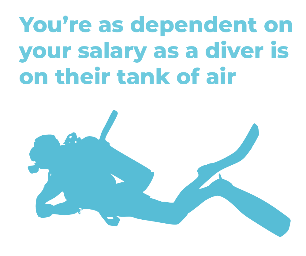 A scuba diver. Text overlay says: You're as dependent on your salary as a diver is on their tank of air