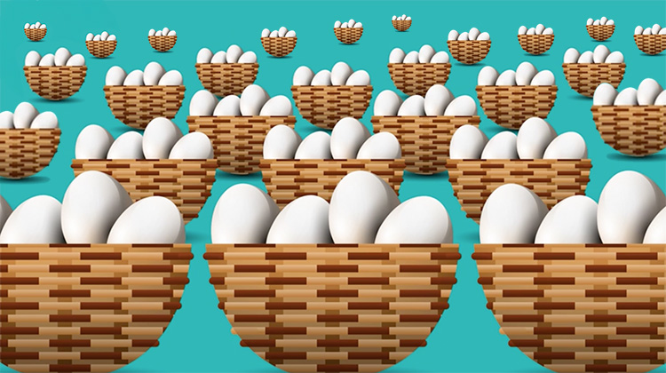 Many baskets of eggs as an illustration of a better strategy than a single tracker fund