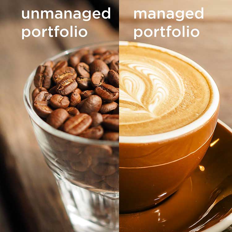 A cup of coffee is split in two. One the left it is filled with roasted coffee beans. On the right, it is filled with a finished, foamy coffee.