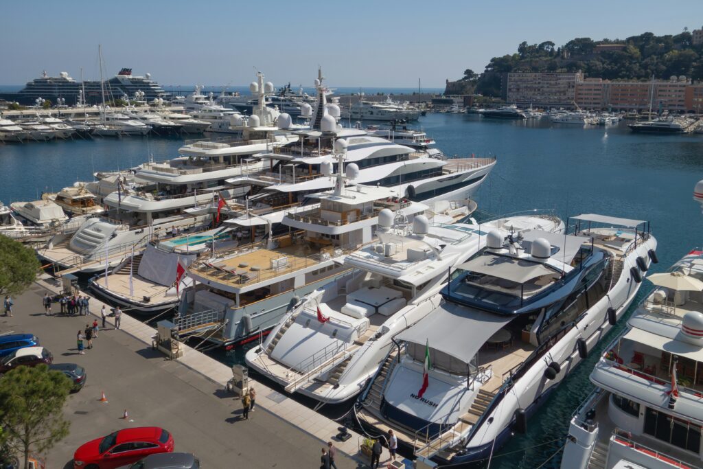 Superyachts park at the pier in Cannes.